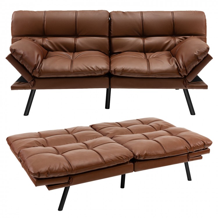 Brown convertible memory foam futon sofa bed with adjustable armrests, ideal for small spaces and multifunctional use.